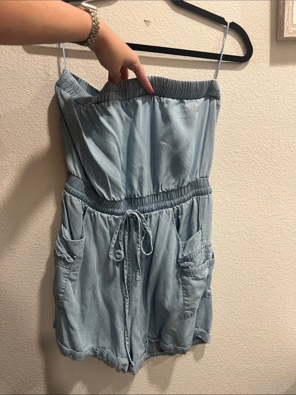 American Threads Light Blue Strapless Drawstring Romper